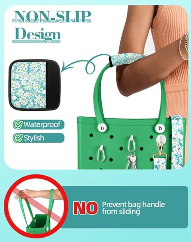 Image of Bag Strap Crossbody Charms for Bogg Bag Accessories - Shoulder Strap Neoprene Luggage Handle Wrap for Suitcase & 2 Key Holders Green Daisy