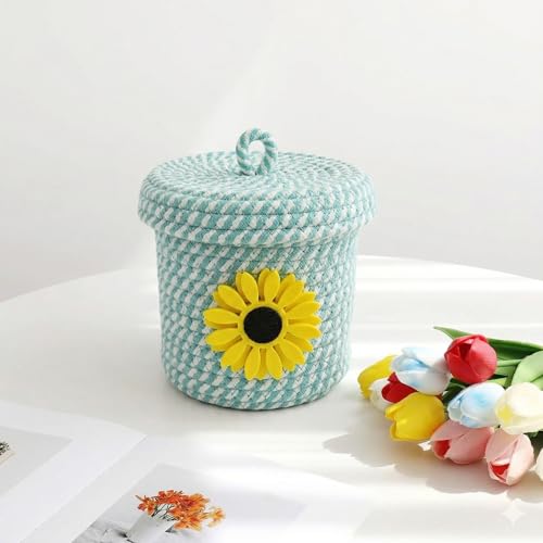 Image of Jute Basket For Storage Cotton Rope Toys Basket With Lid Handwoven Natural Foldable Laundry Hamper for Home, Office, Living Room Size 5x5 inch (yellow flower)
