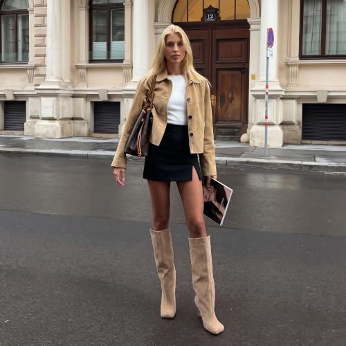 Image of DOBOYG Knee High Suede Boots for Women Wide Calf Square Toe Tall Boots | Stiletto High Heels Pull On Fashion Long Booties