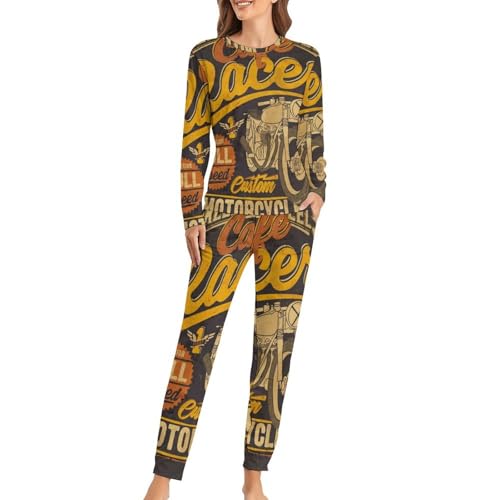 Pyjama femme moto rétro ensemble t-shirt manches longues et pantalon pour vos nuits cocooning