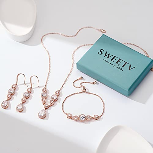 Sweetv 3 Pack Cubic Zirconia Bridal Jewelry Sets For Wedding, Crystal Necklace Dangle Earring Bracelet Jewelry Sets For Women, Rose Gold Prom Costume Jewelry Gifts #TOP6