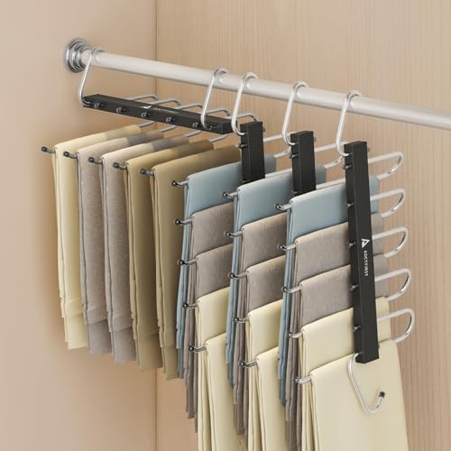 4 Pack 5 Tier Space Saving Hangers, Stainless Steel Black Closet Organizer for Pants, Jeans, Skirts, Scarves - Durable & Heavy Duty