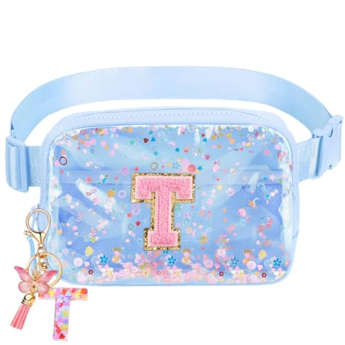 Image of Initial Fanny Pack for Girls - Belt Bag for Teens Kid Teen Girl Kid Birthday Gift Blue Clear T
