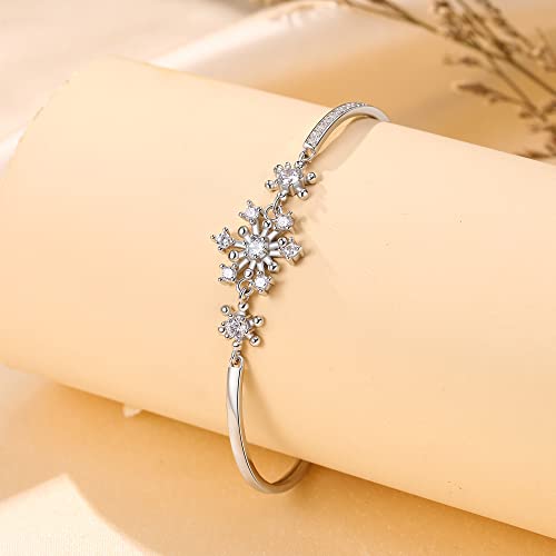 Flyonce Snowflake Bracelet For Women Girls, Sparkle White Cubic Zirconia Snow Flake Flower Bangle Link Bracelet Christmas Jewelry Gift #TOP1