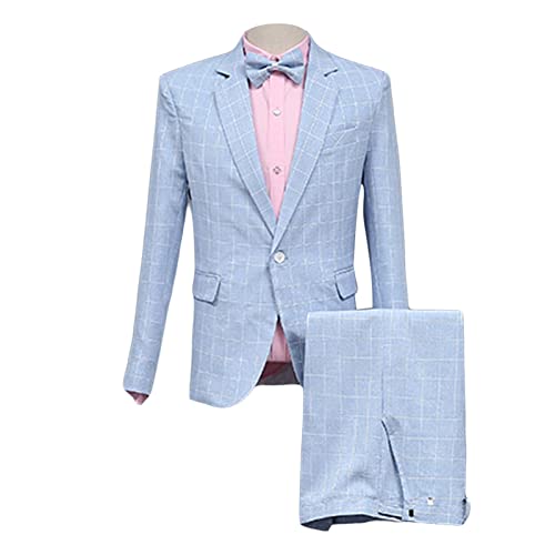 Mens Plaid 2 Pieces Tuxedo Suit Checked Single Breasted One Button Blazer Set Slim Fit Formal Jacket Vest & Pants (Light Blue,Large)