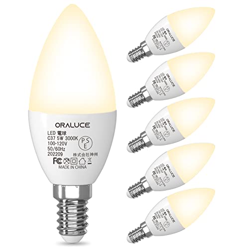 ORALUCE LED シャンデリア 電球 e12 led 40W相当 電球色 3000K 5W 450lm 燭台電球 高輝度 省エネ 密閉形器具対応 非調光 6個入