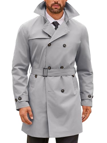 Image of Mens Double Breasted Trench Coat Notched Lapel Windbreaker Jackets Causal Overcoat With Belt