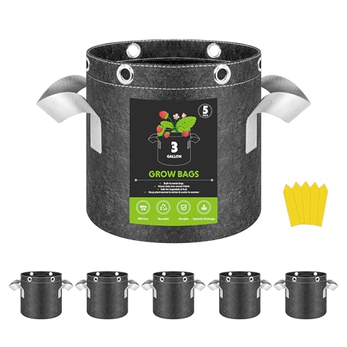 InfiniPower 5 Pack 3 Gallon Plant Grow Bags 400G Thick Nonwoven Fabric Pots with Multi-Purpose Rings and Handles Reusable for Low Stress Plant Training Fruits Vegetables and Flowers