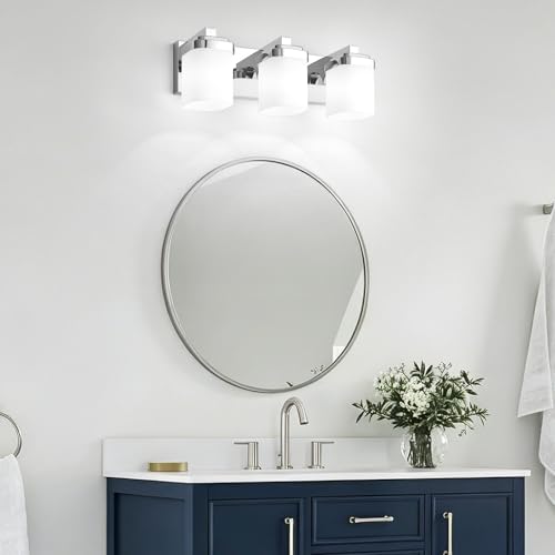 Image of 17 Inchs Bathroom Vanity Light, 3-Light Chrome Bathroom Light Fixtures Over Mirror, Bathroom Light Shower Lamp with Milky White Square Glass Shade, Modern Farmhouse Lighting Fixtures