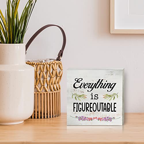 Everything Is Figureoutable Wood Box Sign Decor Rustic Inspirational Office Quote Wooden Box Sign Block Plaque For Wall Tabletop Desk Home Office Decoration 5" X 5" #TOP4