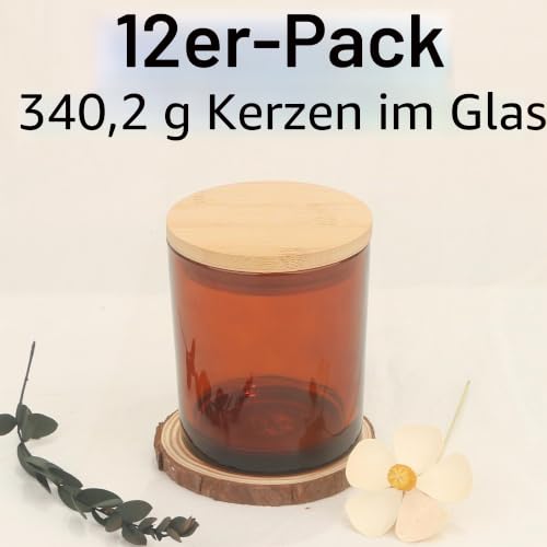 MILIVIXAY 12 Stück 340 ml bernsteinfarbene dicke Glas-Kerzengläser mit Deckel – leere Kerzengläser für die Herstellung von Kerzen… – Ansicht 3