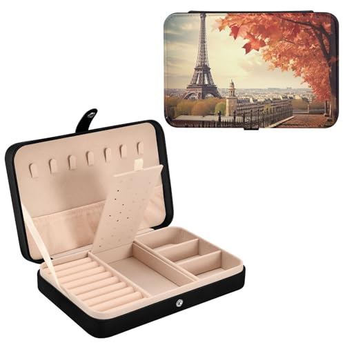 Haskirky Autumn Eiffel Tower Jewelry Box Portable PU Leather Travel Jewelry Organize for Women Jewelry Storage Display Holder for Ring, Necklace, Earring