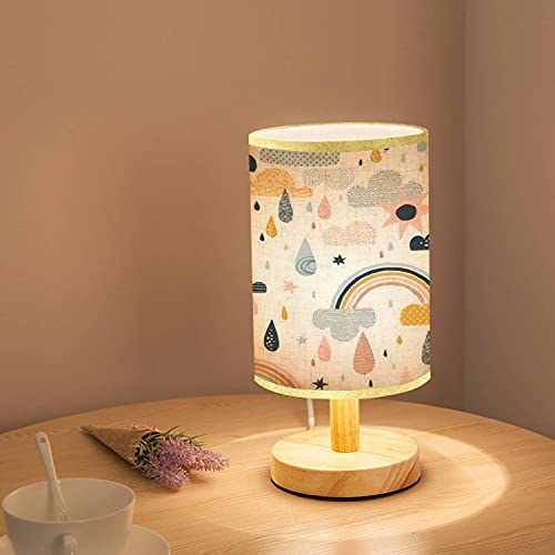 Lopyeijfg Minimalist Bedside Table Lamp Sky Seamless With Clouds Rain Drops Sun Cute Doodle Decorative Wood Nightstand Lamp Bedside Desk Lamp Wood Base Flaxen Fabric Shade For Bedroom Living Room #TOP1