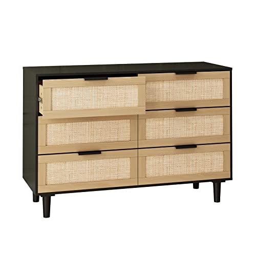 Hayiodda Boho Rattan Dresser For Bedroom, 6 Drawer Wood Dresser Chest Of Drawers With Rattan Decorated Drawers & Metal Handles For Kids Room, Nursery, Living Room, Entryway, Bedroom Furniture, Black #TOP6