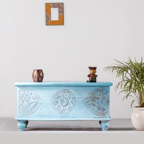 Image of Devin Wooden Trunk Box for Storage | Solid Wood Coffee Table for Living Room | Center Coffee Table with Storage | Front Wooden Carved Sandook Pitara for Home Decor (Light Blue Distress)