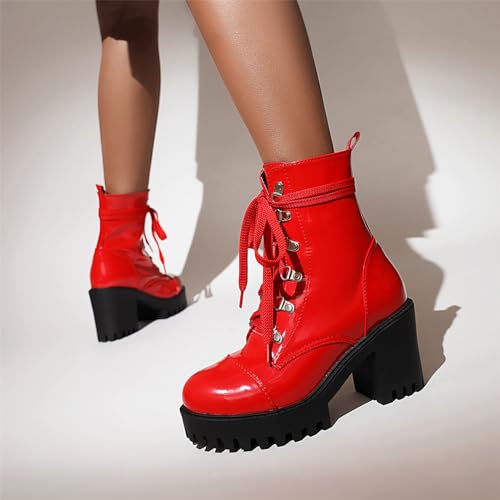 Betastella Lug Sole Platform Ankle Boots Lace Up Chunky Heeled Combat Boots Patent Leather Side Zip Booties3