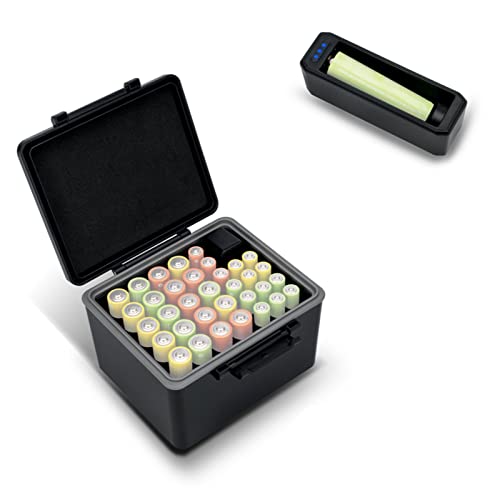 JJC 34 Slots Hard Battery Case for AA AAA Battery with Detachable Tester Checker, Household Batteries Case Holder Organizer Storage Box for 20 AA and 14 AAA Battery, Water-Resistant
