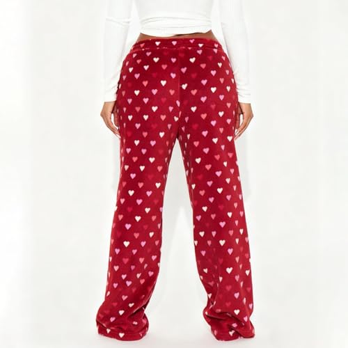 Image of Valentine's Day Flannel Pants Women's Romantic Heart Print Elastic Drawstring Waistband Wide Leg Loose Fit Trousers