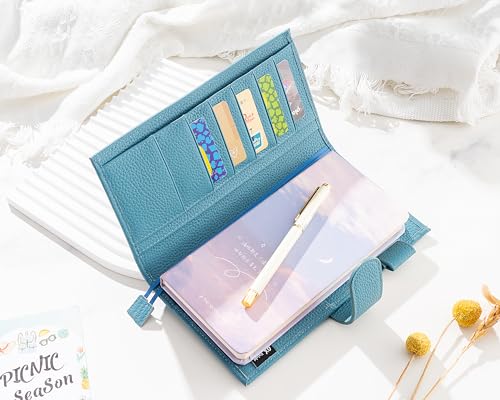 Image of Genuine Leather Planner Cover for Hobonichi Weeks /Weeks Mega with Pen Loop, Card Slots, Back Pocket, and Bookmarks (Dark Blue)