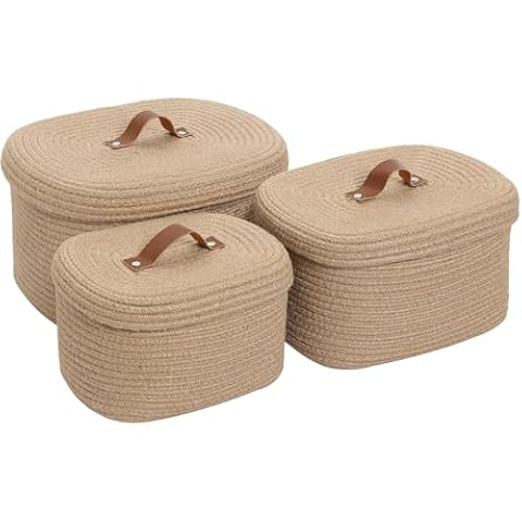 Cottonphant Set of 3 Stylish Large Rectangular Woven Baskets with Lids - Elegant Storage Solution for Home Decor and Organization, Jute Cover
