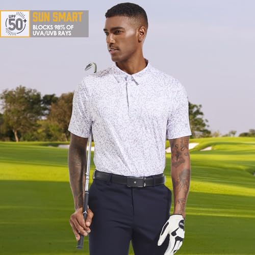 Camiseta polo para hombre de golf con estampado, manga corta, cuello cerrado, UPF 50+, transpirable y ligera miniatura 3
