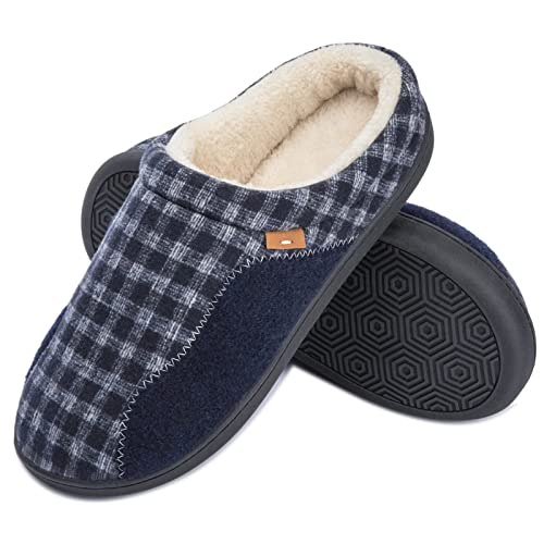 Josaywin Herren Hausschuhe Winter Pantoffeln Warme Plüsch Plaid Hüttenschuhe Rutschfeste Filz Winterhausschuhe Pantoffeln für Drinnen Draussen Marine 4344 EU Cover