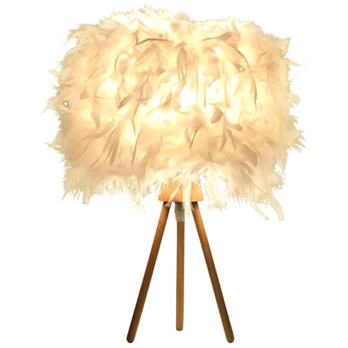 Weiße Feder Tischlampe Nachttischlampe mit Dreieck Holzsockel Federtischlampe Schreibtisch Lampenschirm für Schlafzimmerlampe, dekorative Lampe, Wohnzimmer Cover