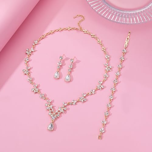 Paxuan Bridal Wedding Elegant Floral Jewelry Set for Women/Brides/Bridesmaids Crystal Jewelry Set for Wedding Prom Party Bridal Crystal Necklace Earrings Bracelet Set (White (14KC gold Plated)) by Paxuan - Used condition - Image 6
