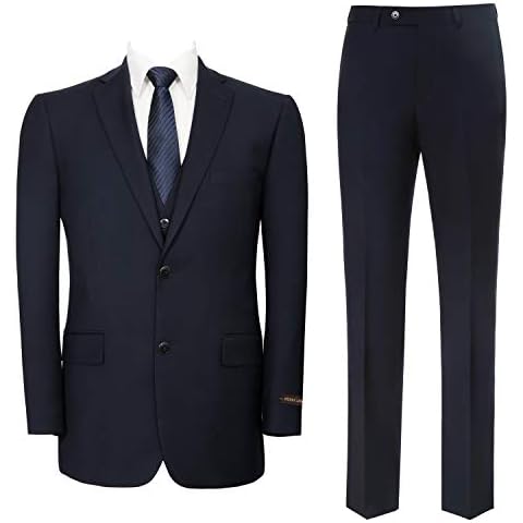 Teemlanny Men‘s 3 Piece Classic Fit Suit Set Two Buttons Solid Jacket Blazer Hidden Expandable Waist Pants & Vest Navy Cover
