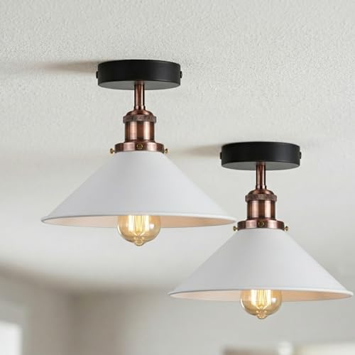 Image of DC VOLTAGE Pack of 2 Vintage Industrial Ceiling Lights with 22cm Metal White Cone Shade Semi-Flush Mount Lighting Fixture White Painted Finish for Bedroom Livingroom Hallway with Bulbs