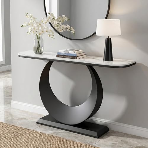 MISXEOE Modern Luxury Console Table, 47.2" Sintered Stone Entryway Table with Sculptural Metal Base, Narrow Sofa Table Behind Couch for Living Room, Hallway, Foyer(White+Black,39.3"x11.8"x31.5")