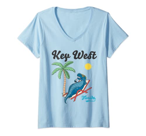 Mujer Camisa Key West Florida Beach Dinosaur T-Rex Family Vacation Camiseta Cuello V