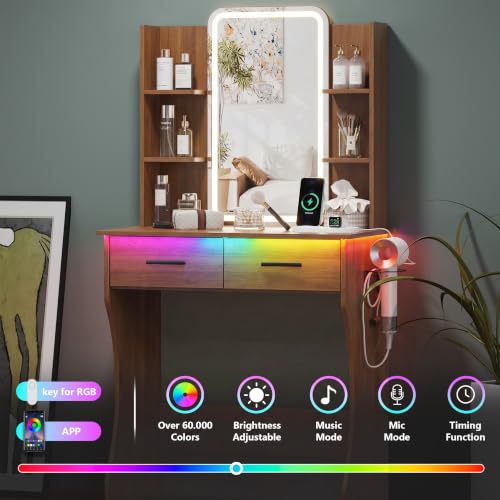 Image of HUANLEGO Small Walnut Vanity Desk with Mirror and Lights for Women Girls