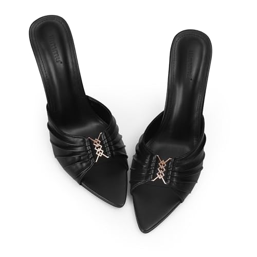 iiimmu 3.5 IN Stiletto Mules High Heels with Pointed Peep Toe Heeled Sandals Faux Leather