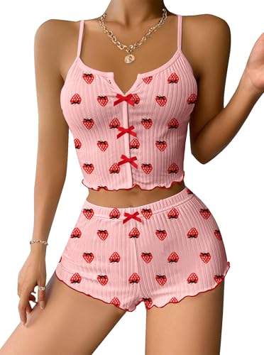 Hilinker Womens 2 Piece Fruit Pajama Set Sexy Sleepwear Ribbed Cami and Shorts Cute PJ Sets Pink Strawberry X-Large