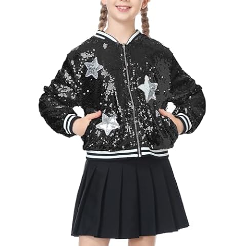 LOLANTA Girls' Outerwear Jackets Long Sleeve Coats Kids Sequin Bomber Jerseys with Pockets (Black, 4-5) Cover