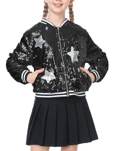 LOLANTA Girls Sequin Jackets Football Outwear Kids Long Sleeve Sequined Top with Pockets (Black 6-7)