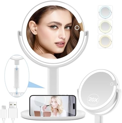 Lighted Makeup Mirror, 20X Magnifying Mirror with Light and Adjustable Brightness, Vanity Mirror with 3 Color Light, 2-Sided Mirror for Desk, Detachable Travel Makeup Mirror with Light 8.8 Inches