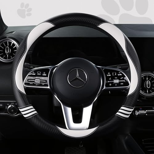 HighnessHwoo Car Steering Wheel Covers for Women Padded Carbon Fiber PU Leather Cute Auto Interior Accessories for Vehicle, Sedan, Universal, Anti Slip, White, Standard Size 14.5-15\"(37-38cm)