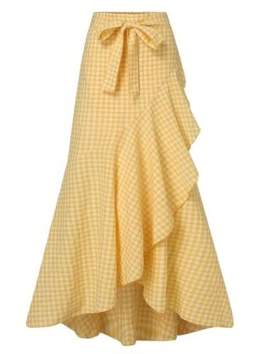 ebossy Womens Plaid Mermaid Skirt Tie Front Asymmetrical Ruffle A-Line Flowy Swing Fishtail Long Skirt2