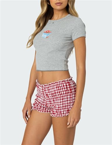 Image of Yuemengxuan Women Y2k Ruffle Shorts Ruched Plaid Shorts Micro Shorts Pajama Bottoms Y2k Cute Fairy Lace Edge Pettipants