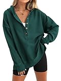 PRETTYGARDEN Womens Fashion 2026 Oversized Long Sleeve Hoodie Button Down V Neck Sweatshirt Side Slit Casual Pullover Tops(Dark Green,Medium)