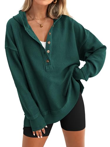 PRETTYGARDEN Womens Fashion 2026 Oversized Long Sleeve Hoodie Button Down V Neck Sweatshirt Side Slit Casual Pullover Tops(Dark Green,Medium)