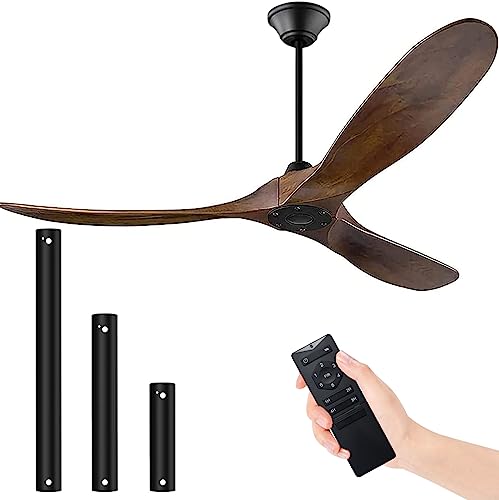 OUENGK Ventilador de techo de 52 pulgadas sin luz, Ventilador de Techo con Mando a Distancia, Ventilador de Techo de Madera de 3 Palas para Salón Cocina Patios Porche (Marrón, 132 cm (52 inch))