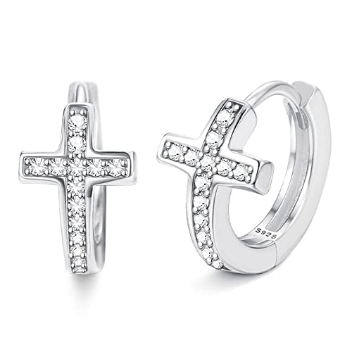 Milacolato 925 Sterling Silver Cross Hoop Earrings 18K White Gold Plated Cross Hoop Earrings With Cubic Zirconia Dainty Small Cross Huggie Earrings For Women Men #TOP17