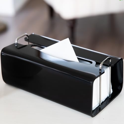 Acrylic Tissue Box Holder Rectangle​ with Curved Design - Decorative Modern Glossy Black Tissue Box Cover with Silver Metal Accents for Bathroom/Living Room/Office Décor