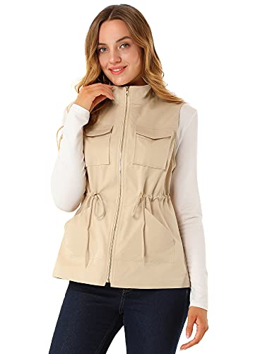 Allegra K Women's Utility Sleeveless Casual Drawstring Zipper Cargo Vest Medium Khaki #TOP20