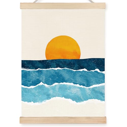 PQKIY Abstract Boho Sun Ocean Wall Art Poster Hanger Frame 12x16 in, Minimalist Mid Century Modern Sunrise Sunset Ocean Waves Wall Decor Canvas Prints for Home Bedroom Living Room