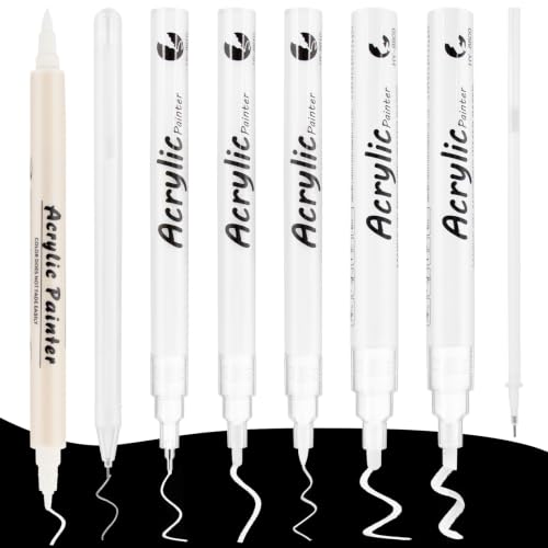 BORISCA Lot de 6 Marqueurs Acrylique Blance avec 1 Stylo Blanc Dessin et 1 Recharge, Étanche et à Séchage Rapide, Feutre Acrylique Blanc à Double Extrémité pour L'écriture et les Projets d'Artisanat