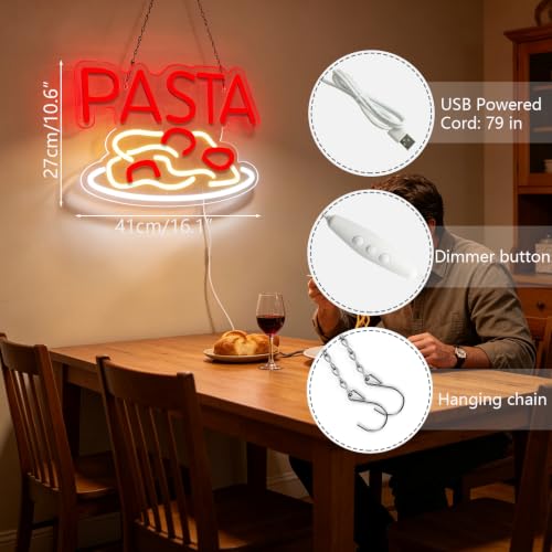 Image of Pasta Neon Signs for Wall Decor Neon Lights for Bedroom Led Business Signs Suitable for Italian Pasta Restaurant Noodle Unique Gift for Lover 5V Power Adapter 16 * 10.6 Inch(Red+White)